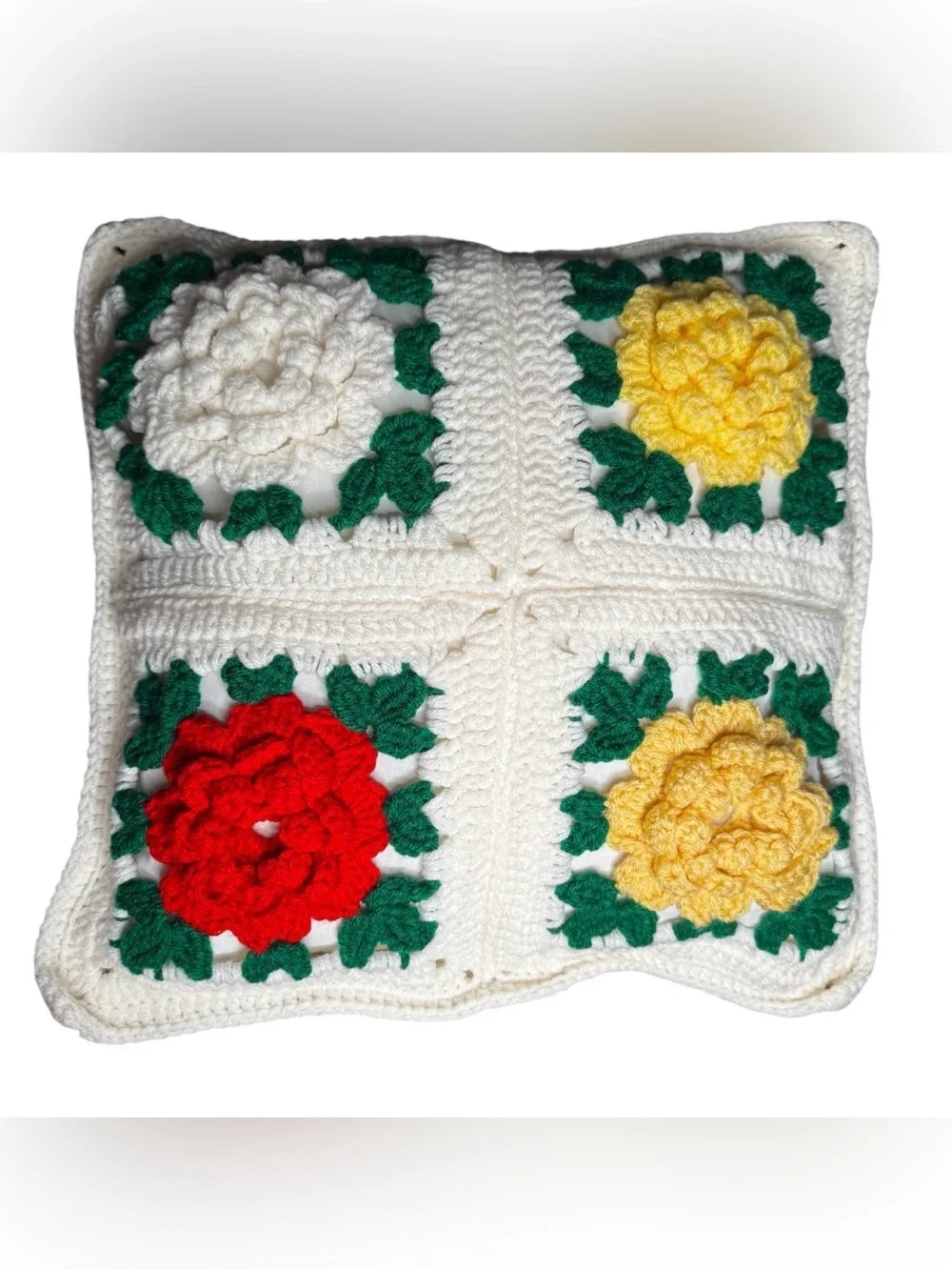 Handmade 16” 3D roses granny square pillow - different colors on each side!